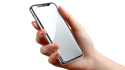 Smartphone in Hand: An hand delicately holding a sleek smartphone with blank white screen, showcasing simplicity and modernity