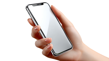 Smartphone in Hand: An hand delicately holding a sleek smartphone with blank white screen, showcasing simplicity and modernity