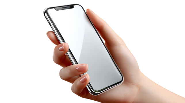 Smartphone in Hand: An hand delicately holding a sleek smartphone with blank white screen, showcasing simplicity and modernity