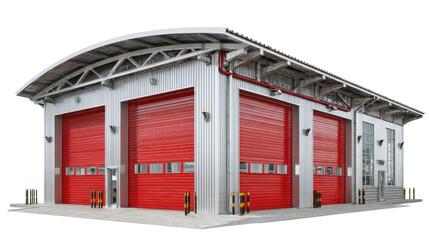 Obraz premium Modern Industrial Garage: A contemporary industrial garage building with bright red roller doors, under a curved roof. Clean lines and sharp details showcase the architecture.