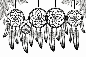 Elegant Dreamcatchers Illustration-Black and White Dreamcatcher Wall Art-Boho Home Decor-Native American Inspired Art-Dreamy Bedroom Design-Feathered Dream Catchers