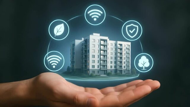 A human hand supports a miniature smart apartment building encircled by glowing eco wifi and shield icons. Concept of sustainable iot housing. - Powered by Adobe