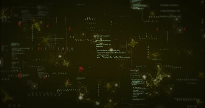 Code bits drifting into view sparking digits cascading nodes connecting for network visualization