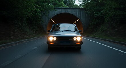 Classic car drives through a dimly lit tunnel, headlights illuminating the road ahead on a tranquil evening journey.
