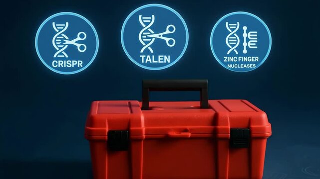 A red toolkit sits before glowing icons of crispr talen and zinc finger nucleases on a dark lab background. Concept of gene editing technology.