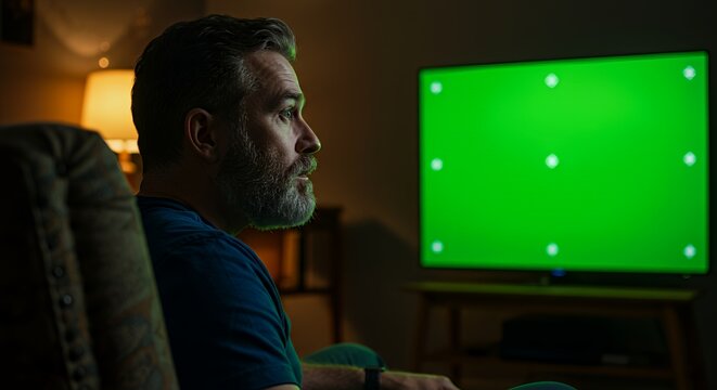 A man with a beard sits in a dimly lit room, thoughtfully watching a vibrant green screen on a television.