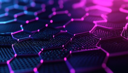 Hexagonal, glowing network structure in vibrant purple and blue.  Complex, interconnected, 3D pattern