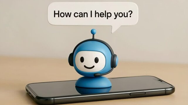 A cute blue chatbot figurine wearing a headset greets users from the surface of a modern smartphone. Concept of ai customer support.