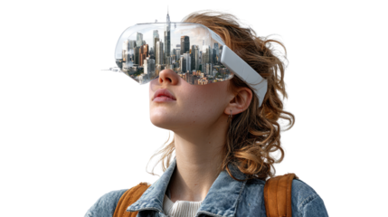 Cityscape Visions: A young woman wearing a virtual reality headset, reflecting an urban cityscape within the lenses, symbolizing futuristic immersion and technological innovation.