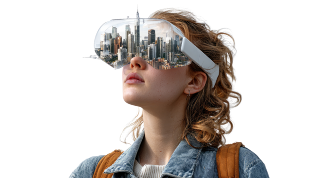 Cityscape Visions: A young woman wearing a virtual reality headset, reflecting an urban cityscape within the lenses, symbolizing futuristic immersion and technological innovation.