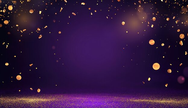 Gold confetti falling on a dark purple background