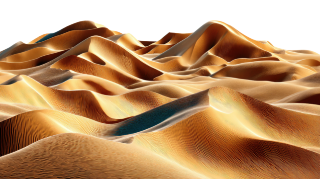 Desert Dunes: The vast, undulating golden desert dunes, shaped by the wind, stretch towards the horizon under a bright, expansive sky. Evoking a sense of awe and isolation.