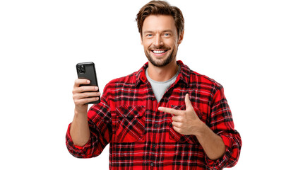 Tech-Savvy's Delight: A smiling man holds and points towards his smartphone in a brightly lit setting, radiating confidence and ease, suggesting connectivity and modern technology.