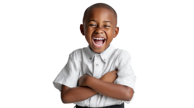 Joyful African Boy's Genuine Laughter: A spirited young African boy radiates pure joy with an authentic and heartwarming laughter, his arms crossed and eyes sparkling.