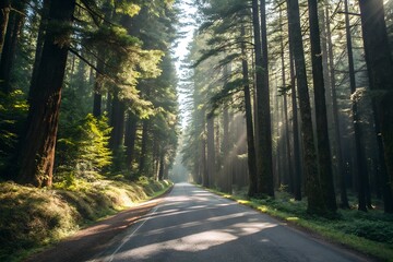 Fototapeta premium A scenic asphalt road winds through a dense forest of towering redwood trees with sunbeams piercing through the canopy creating a magical atmosphere of light and shadow