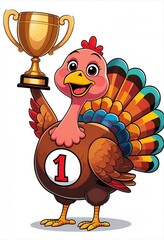 Cheerful Cartoon Turkey Holding Mini Trophy in an Exciting Racing Theme