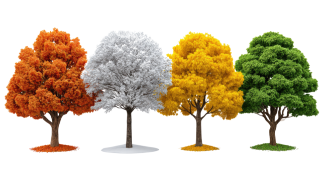 "Four Seasons' Embrace: A visually captivating display of nature's seasonal transformation, showcasing four trees, each representing a distinct season with a vibrant array of foliage.