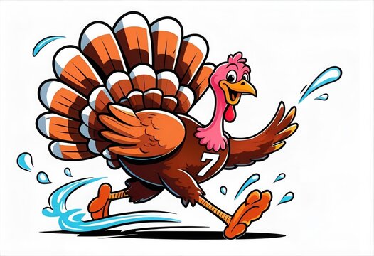 Cartoon Turkey in Motion with Sweat Drops and Number Seven on Its Chest