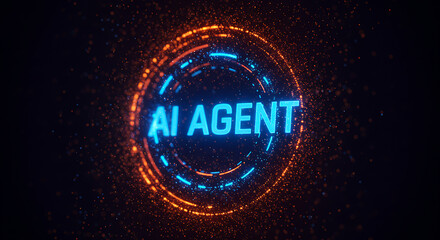Glowing neon blue ai agent text inside a swirling digital portal with orange and blue particles isolated on white background