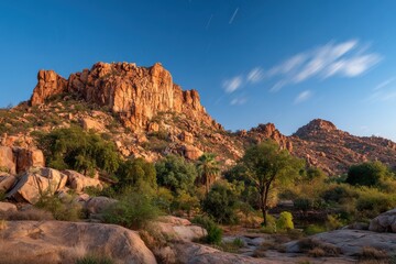 A stunning long-exposure night photography image capturing a rocky mountain with a few trees and bushes illuminated by moonlight.