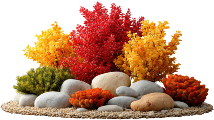 Colorful Landscape: An artistic arrangement showcases a vibrant mix of colorful plants, set atop a bed of small stones, all bathed in the soft glow of sunlight.