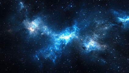 Deep space nebula with vibrant blue clouds.  Vast expanse of dark space dotted with stars.  Intricate swirling patterns of luminous gas clouds