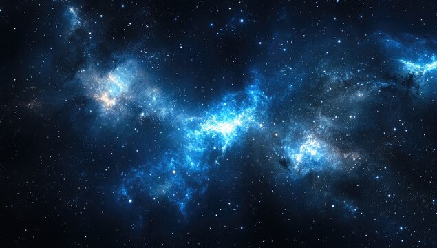 Deep space nebula with vibrant blue clouds.  Vast expanse of dark space dotted with stars.  Intricate swirling patterns of luminous gas clouds