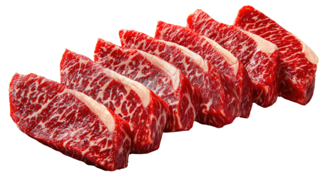 Exquisite Cuts of Premium Steak: A close-up shot reveals a selection of raw, expertly cut steak portions, showcasing the intricate marbling and vibrant red hue.