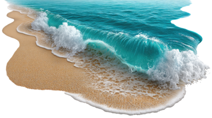 Ocean Wave Rolling on Sandy Shore: Experience the raw power and beauty of the ocean as a pristine wave crashes onto a sun-kissed sandy shore.