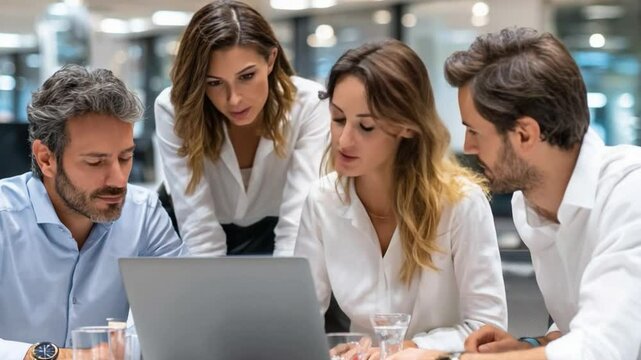 Collaborative Synergy: a professional team engrossed in a focused discussion around a laptop, embodying teamwork and strategy.
