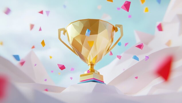 Golden polygonal trophy on pastel landscape, confetti