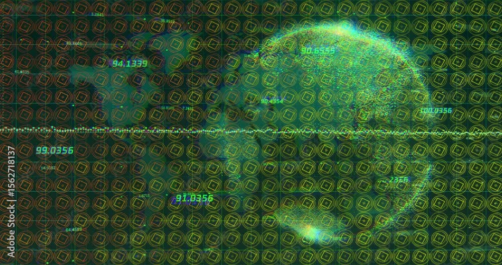  map grid responding to waveform, turning into squares with floating labels while showing data globe