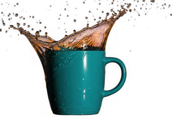 Tea splash in blue cup isolated on transparent background