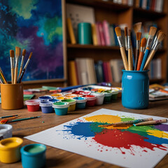 Fototapeta premium Art studio workspace with paint, brushes, and colorful splashes on canvas