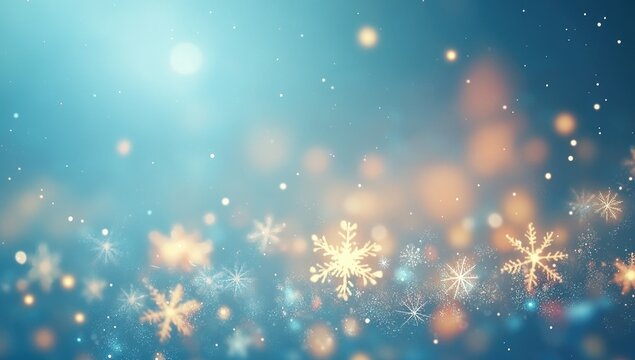 Winter wonderland bokeh background.  Soft light, snowflakes, and glowing particles in teal and gold tones