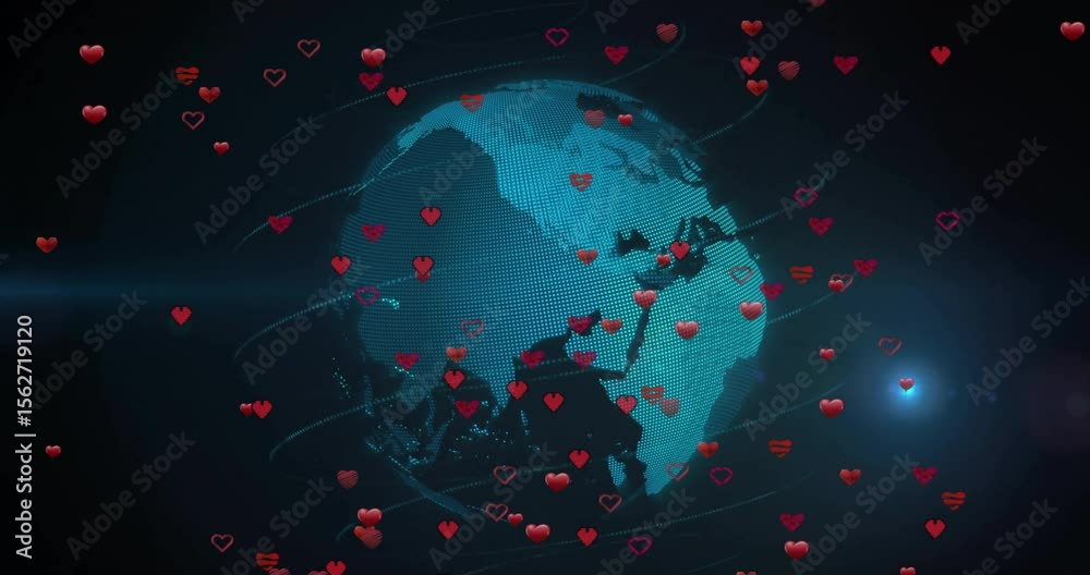 Poster on heart icon drifting, globe rotating tracing network arcs linking floating hearts, showing unity