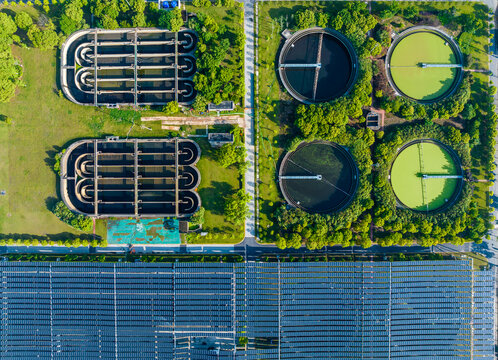 Modern Wastewater Treatment Plant with Solar Panels
