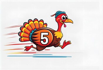 Cheerful Cartoon Turkey Racing with Number Five on a Clean White Background
