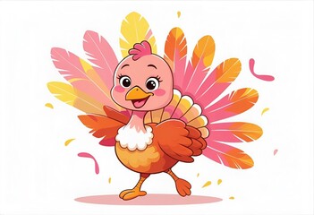 Cartoon Turkey Ballerina with Feathers Twirling Joyfully on a White Background