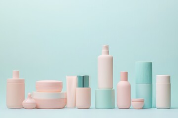 Pastel cosmetic containers arranged on a light teal background