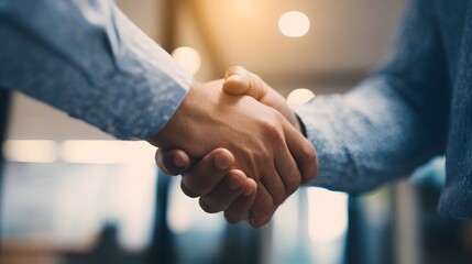 Two professionals in formal attire firmly shaking hands signifying a successful business agreement