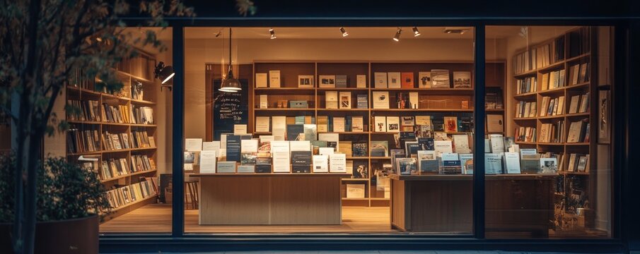 Bookstore window display at night, bookshelves full of books, city background