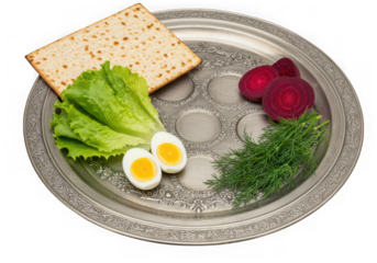 Passover seder plate with traditional foods isolated on transparent background