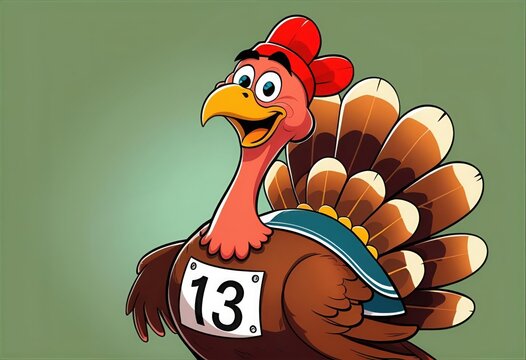 Cheerful Cartoon Turkey in Racing Bib Number 13 with Headband and Happy Expression