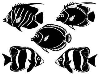 Five black silhouette tropical reef fish swimming together on white background