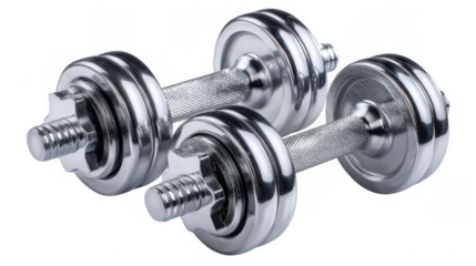 Pair of Silver Adjustable Dumbbells with Metal Handles on Transparent Background