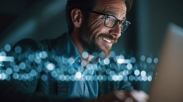 Happy Man Working on Laptop with Digital Data Overlay in Office with ai generated
