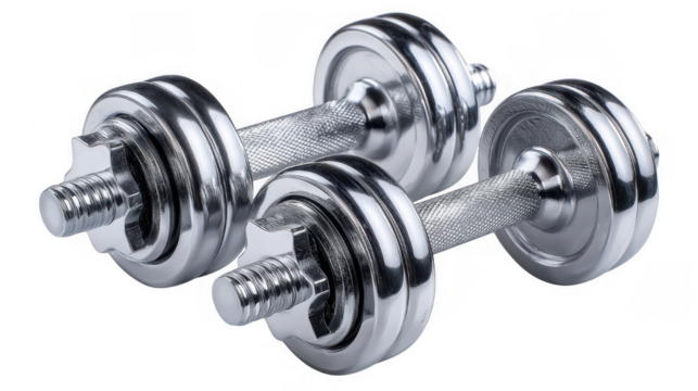 Pair of Silver Adjustable Dumbbells with Metal Handles on Transparent Background