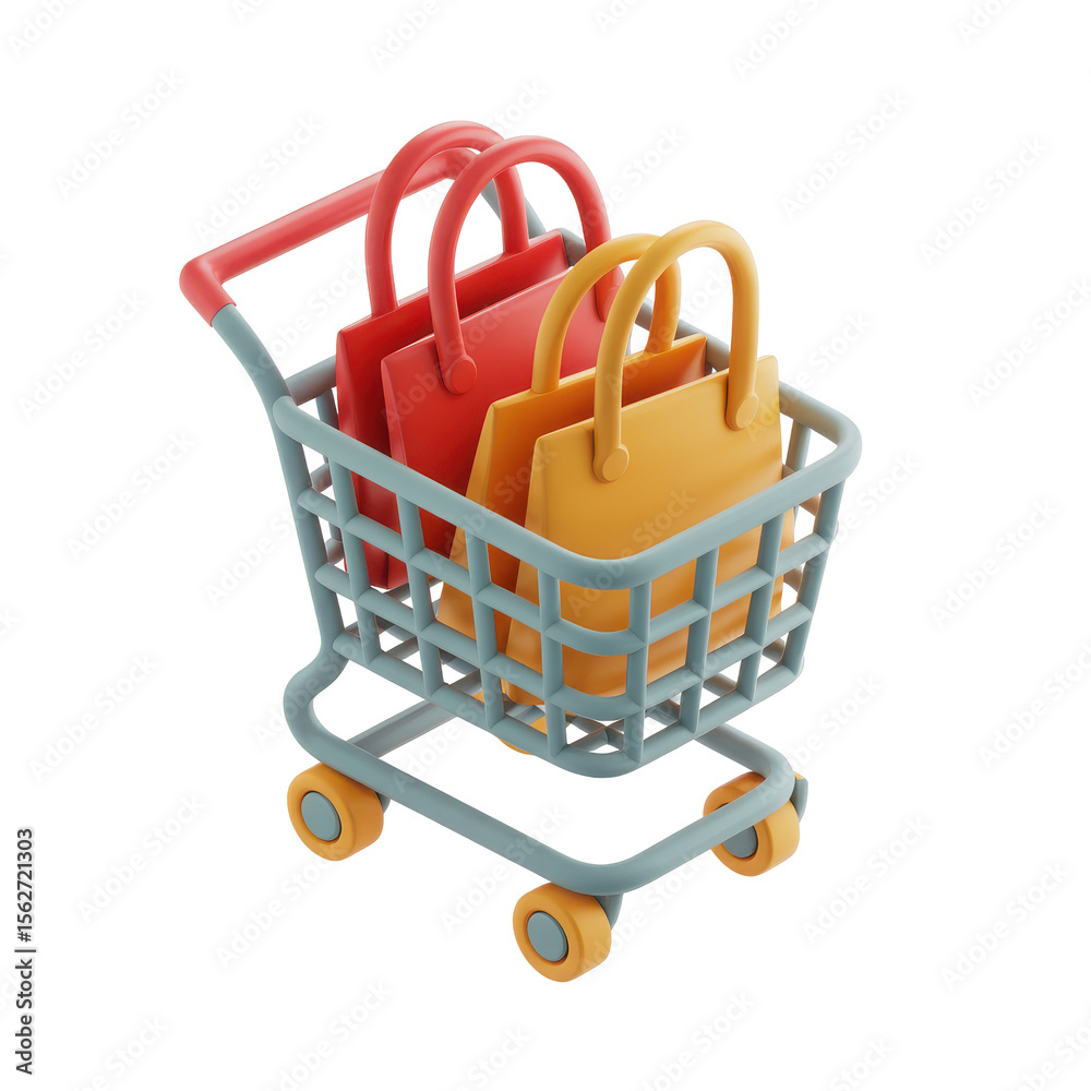 Fototapete stylized 3d rendering of a shopping cart filled with red and yellow shopping bags isolated on transp