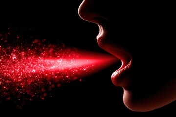 A close-up profile view of a woman's mouth emitting a glowing red light, creating a mysterious and captivating effect.
